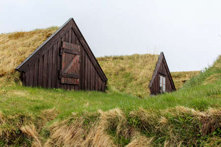 Turf houses built in traditional manner, Northern Icelandの写真素材