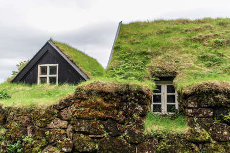 Turf houses built in traditional manner, South Icelandの写真素材