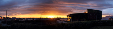 Sunset over Harpa concert hall in Reykjavik, Icelandの写真素材