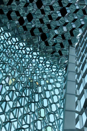 Facade of the Harpa concert hall in Reykjavik from inside, Western Icelandの写真素材