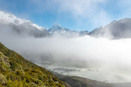 Cloudy view to the Mount Aoraki from Mueller Hut Route, Mount Aoraki National Park, South Island of New Zealandの写真素材
