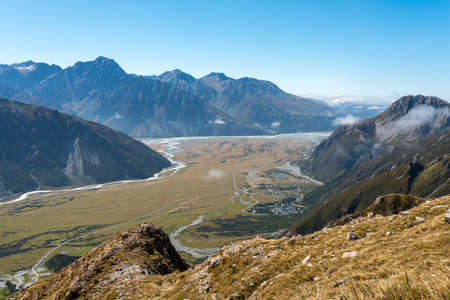 Scenic view of Hooker valley from Mueller Hut Route, Mount Cook National Park, South Island of New Zealandの写真素材