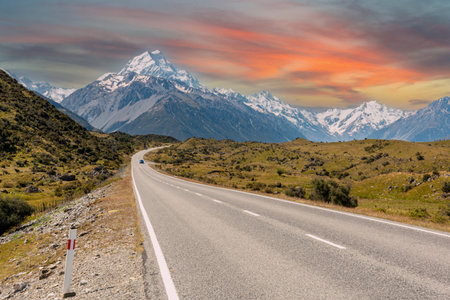 Scenic view of Southern Alps from the entrance to Aoraki National Park, South Island of New Zealandの写真素材