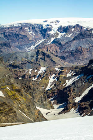 Mountainous rocky landscape of Fimmvoerduhals hiking trail, highlands of Icelandの写真素材