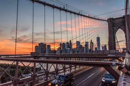 Night coming over famous Brooklyn Bridge, New York City, USAの写真素材