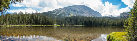 Calm lake Spruce in the middle of the Rocky Mountains NP, USAの写真素材
