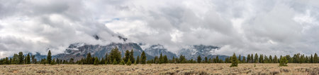 Panoramic view of the Grand Teton mountain chain in Wyoming, USAの写真素材