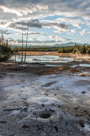 Steaming Mud Pod Area in famous Yellowstone National Park, USAの写真素材