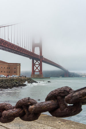Beautiful old link chain fence at the Golden Gate Bridge in San Francisco, USAの写真素材