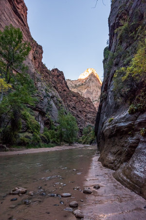 Beginning of the scenic Narrows hike in Zion National Park, USAの写真素材