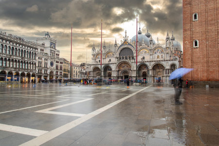 The St. Mark's Square in Venice during Bad Weather and High Tide, Venice, Italyの写真素材
