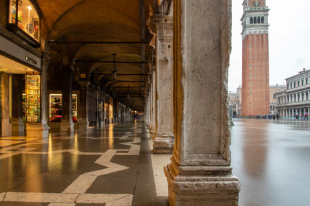 The St. Mark's Square in Venice during Bad Weather and High Tide, Venice, Italyの写真素材