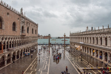 The St. Mark's Square in Venice during Bad Weather and High Tide, Italyの写真素材