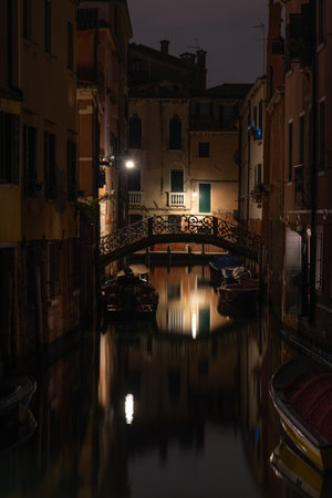 A Canal somewhere in San Polo District at Night, Venice, Italyの写真素材