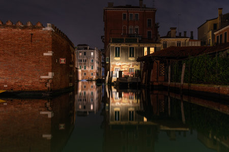 Peaceful canal in Cannaregio District at Night, Venice, Italyの写真素材