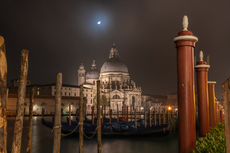 Old Baroque Church Santa Maria della Salute at Night, Venice, Italyの写真素材