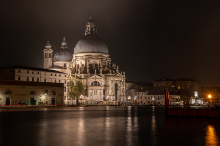 Old Baroque Church Santa Maria della Salute at Night, Venice, Italyの写真素材