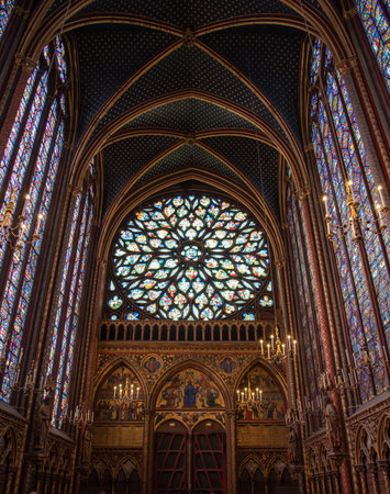 The inside of the famous Sainte Chapelle in Paris with impressive colorful windows, France