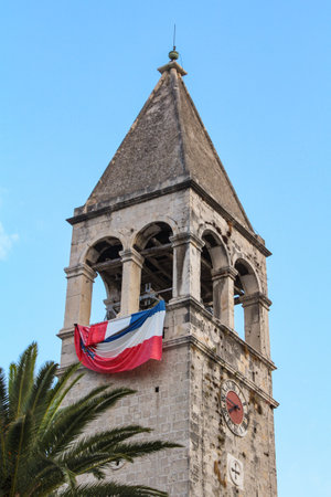 Ancient bell tower of a church in Trogir, Croatiaの写真素材