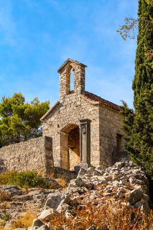 Scenic little chapel in the remoteness of the hills of Hvar island, Croatiaの写真素材