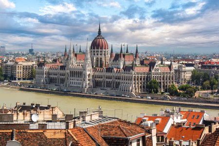 The scenic Hungarian Parliament in Budapest seen from Gellert hillの写真素材