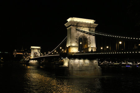 The famous Hungarian Chain Bridge between Buda and Pest at nightの写真素材