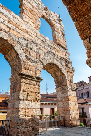 Scenic facade of the ancient Roman Arena in Verona, Italyの写真素材