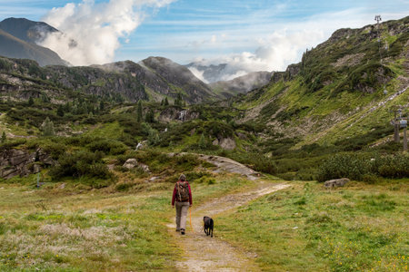 Woman hiking with her dog in the High Tauern National Park, the Austrian alpsの写真素材