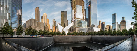 NEW YORK, USA - AUGUST 25, 2019: Iconic One World Trade Center memorial in downtown Manhattan, USA