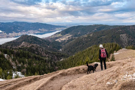 Hiking during early spring in the Bavarian alps near Tegernsee, Germanyの写真素材