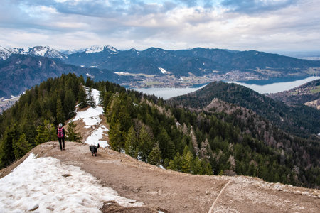 Hiking during early spring in the Bavarian alps near Tegernsee, Germanyの写真素材