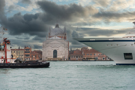 Cruise Ship being towed through Venice into the Ocean, Venice, Italyの写真素材