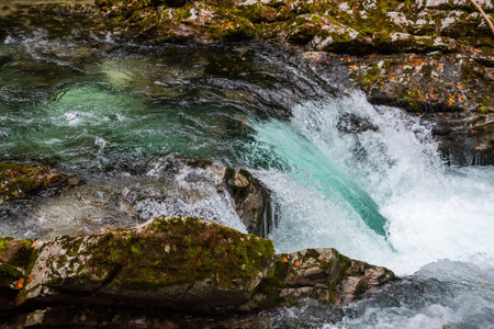 Scenic wild river flowing through the Vintgar gorge, Sloveniaの写真素材