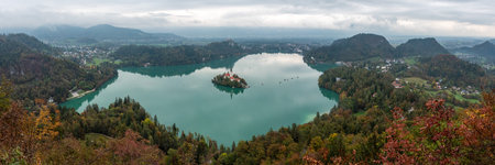 Peaceful view on lake Bled and the island with its pilgrimage church Assumption of Mary, The Slovenian Alpsの写真素材