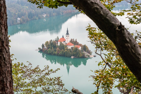 Peaceful view on lake Bled and the island with its pilgrimage church Assumption of Mary, The Slovenian Alpsの写真素材