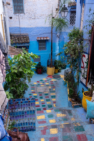 Vibrant blue colored alley in downtown Chefchaouen, Moroccoのeditorial素材