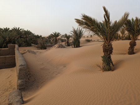 The Igrane garden near Merzouga, an agricultural oasis, slowly being blown by the desert sand, Erg Chebbi in Moroccoの写真素材