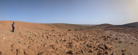 Hiking through the stone desert near Amtoudi in the Anti-Atlas, Moroccoの写真素材