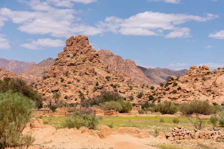 Hiking through the scenic Tafraoute valley in the Anti-Atlas mountains in Moroccoの写真素材