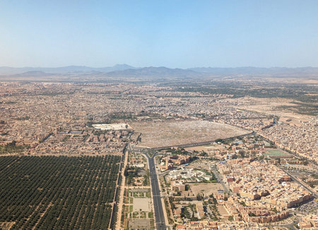 Aerial view of the Moroccan landscape and Marrakesh seen from an airplane