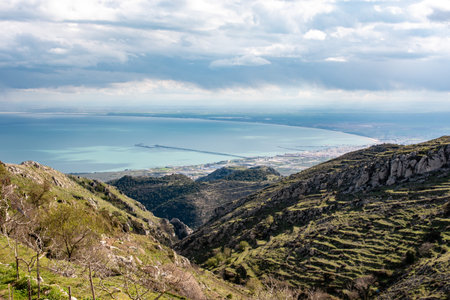 View of Gulf of Manfredonia from Monte Sant Angelo, Gargano Peninsula in Southern Italyの写真素材