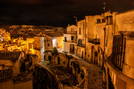 Scenic skyline of Sassi di Matera at night, Italyの写真素材