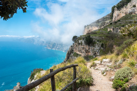 Shoreline of the scenic Amalfi coast from the path of the Gods, Italyの写真素材