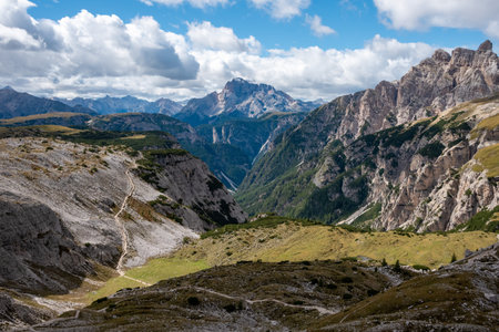 Scenic calm mountain landscape in the surroundings of the famous Three Peaks mountains, Dolomites in South Tyrolの写真素材