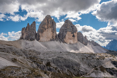 View of the iconic Drei Zinnen mountains in the South Tirolese Dolomite alps, Italyの写真素材