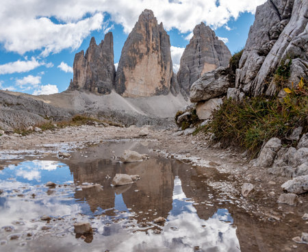 Reflection of the iconic Drei Zinnen mountains in the South Tirolese Dolomite alps, Italyの写真素材