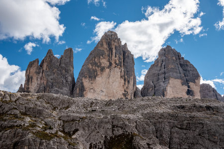 View of the iconic Drei Zinnen mountains in the South Tirolese Dolomite alps, Italyの写真素材