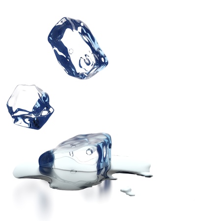 3D rendering of ice cubes with water drops on white backgroundの写真素材