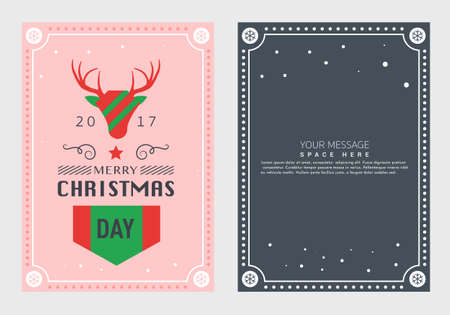Merry Christmas and Happy New Year greeting card typography flyer template with lettering. Bright fall leaves. Poster, card, label, banner design set. Vector illustrationのイラスト素材