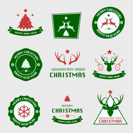 Merry Christmas and Happy New Year greeting card typography flyer template with lettering. Poster, card, label, banner design set. Vector illustrationのイラスト素材